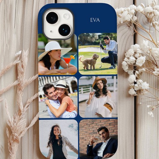 Foto-raster 6 afbeeldingen naam of initialen blauw Case-Mate iPhone case