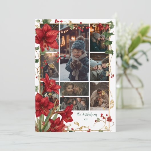 Foto Red Amaryllis Rustic Christmas Feestdagenkaart (Staand voorkant)