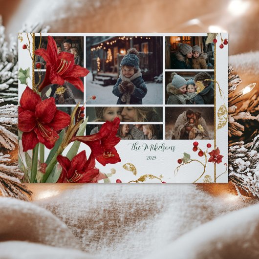 Foto Red Amaryllis Rustic Christmas Feestdagenkaart