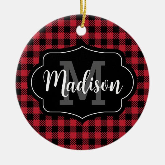 Foto: Red Black Buffalo Pset Monogram Keramisch Ornament (Voorkant)