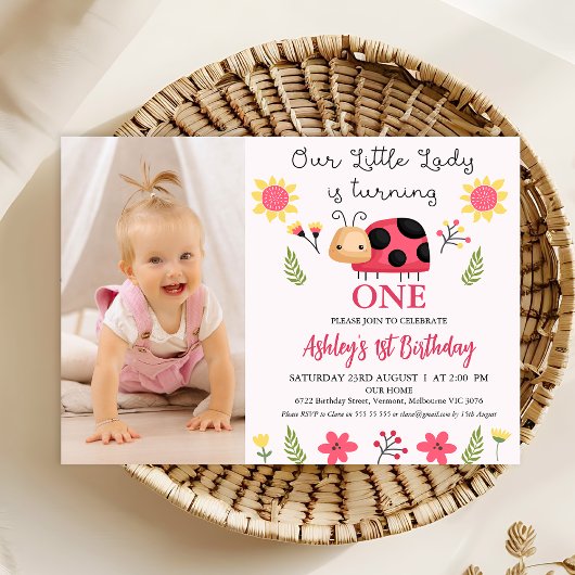 Foto Red Black Little Ladybug 1st Birthday Kaart