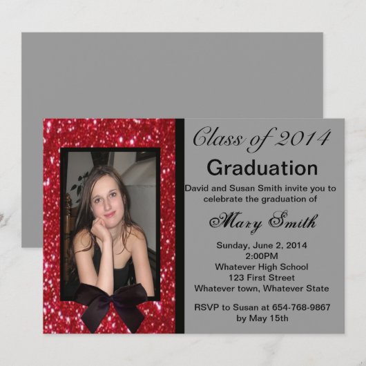 Foto: Red Glitter Afstuderen Invitation Kaart (Voorkant / Achterkant)