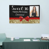 Foto Red Gold Glitter Sweet 16 Birthday Party Spandoek (Beurs)