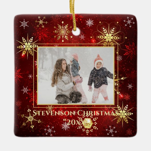 Foto: Red Gold Snowflake kerstfeestdag Keramisch Ornament (Voorkant)