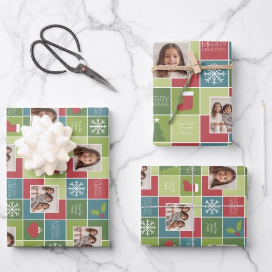 Foto: Red Green Color Block Kerstboom Stripes Inpakpapier Vel (Voorkant)