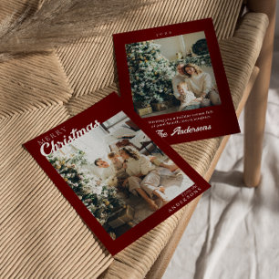 Foto Red Maroon Stijlvol Modern Vrolijk Kerstfeest Feestdagenkaart