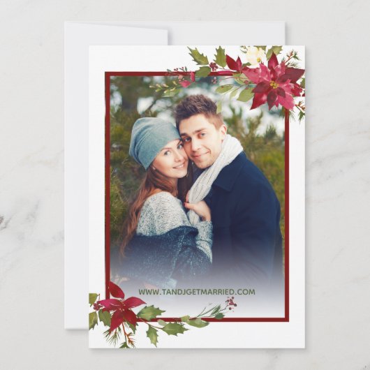 Foto Red Poinsettia Greenery kerstbruiloft Kaart (Achterkant)