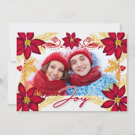 Foto Red Poinsettia Joy en Gold Pine Holiday Car Feestdagenkaart