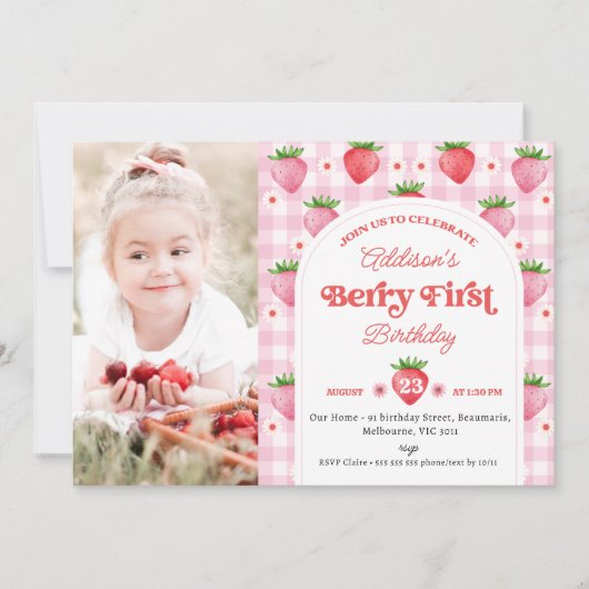 Foto Red Strawberry Berry Sweet 1st Birthday Kaart (Voorkant)