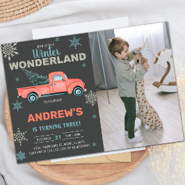 Foto Red Truck Winter Wonderland Invitations Kaart