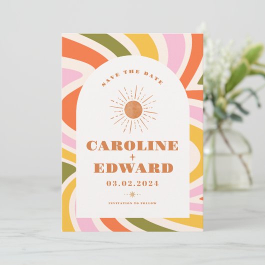 Foto Regenboog Golvend Groovy Bewaar de Datum Qr C Save The Date (Staand voorkant)