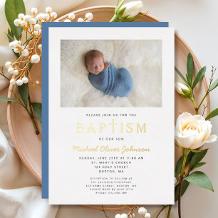 Foto Religieuze Cross Blue Boy Baptism Gold Folie Uitnodiging