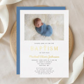 Foto Religieuze Cross Blue Boy Baptism Gold Folie Uitnodiging