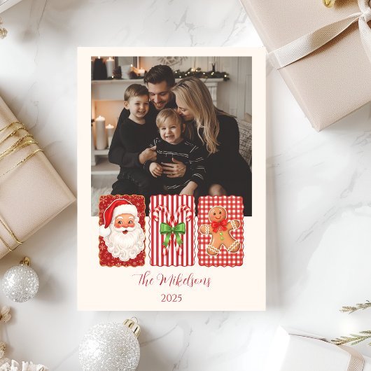 Foto Retro Gingham Kerstman Peperkoek Kerstmis Feestdagenkaart