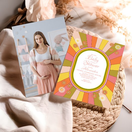 Foto Retro Groovy 70's Theme Baby shower Kaart