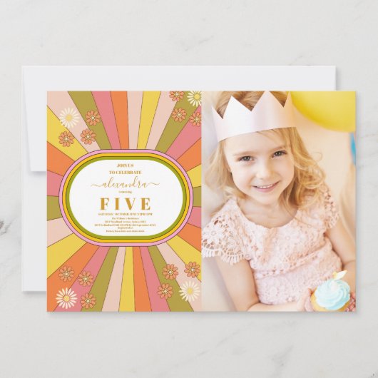 Foto Retro Groovy 70's Theme Kids Verjaardag Kaart (Voorkant)