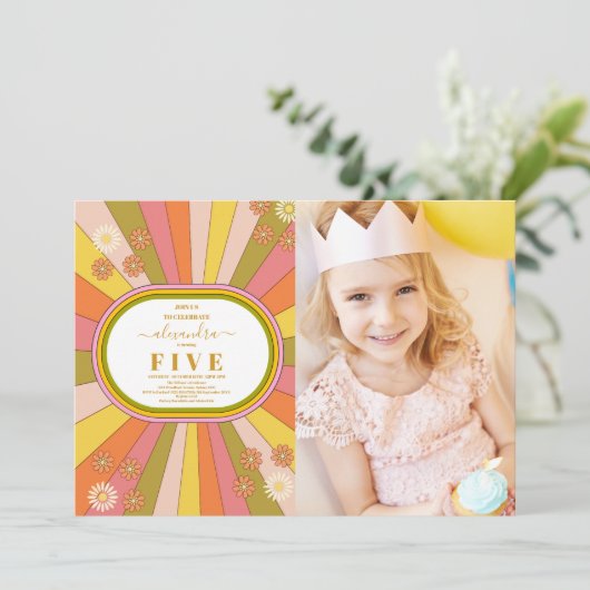 Foto Retro Groovy 70's Theme Kids Verjaardag Kaart (Staand voorkant)