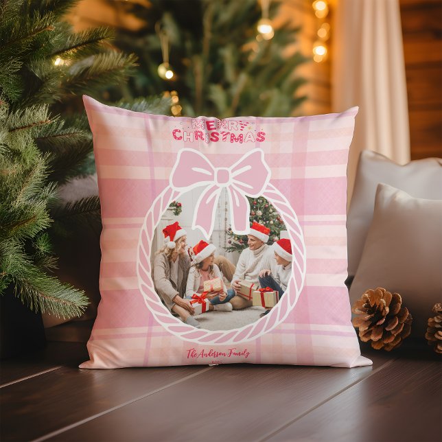 Foto Retro Roze Plaid Whimsical Kerst  Kussen (Creator heeft geüpload)
