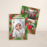 Foto Retro Stripes - Rood Groen Funky Feestdagenkaart<br><div class="desc">Retro groen en rood in een lijnboog - Gebruik een verticale foto op de voorkant en 2 foto's op de achterkant. Maak een unieke en trendy Merry Christmas groet met een funky, retro lijnpatroon op de achterkant. Als u iets wilt verplaatsen, klikt u op de knop Aanpassen om wijzigingen aan...</div>