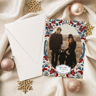 Foto Rode Bes & Blauwe Dennen Kerst Feestdagenkaart