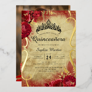 Foto Rode Bloemen Scroll Quinceanera Folie Uitnodiging