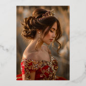 Foto Rode Bloemen Scroll Quinceanera Folie Uitnodiging (Achterkant)