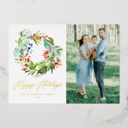 Foto Rode Winterbes en Jeneverbeskrans Folie Feestdagenkaart (Voorkant)