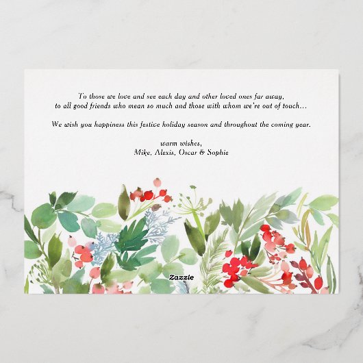 Foto Rode Winterbes en Jeneverbeskrans Folie Feestdagenkaart (Achterkant)