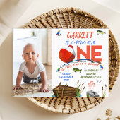 Foto Rood Blauw Boot Officieel Een 1e Verjaardag Kaart