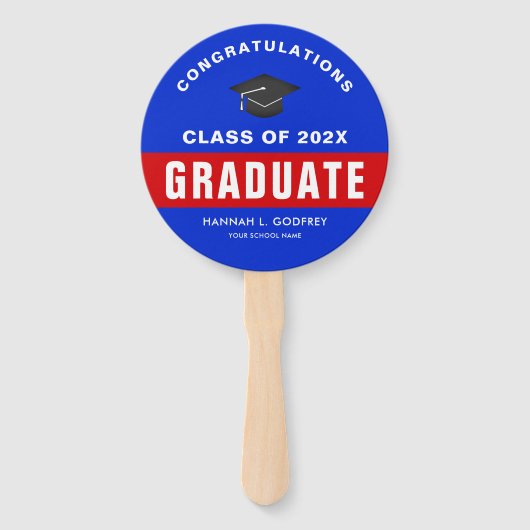 Foto rood en blauw Afstuderen gefeliciteerd Handwaaier (Voorkant)