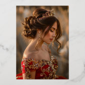 Foto Rood Goud Bloemen Scroll Quinceanera Folie Uitnodiging (Achterkant)