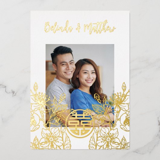 Foto Rood Goud Chinees Bruiloft Folie Uitnodiging (Voorkant)