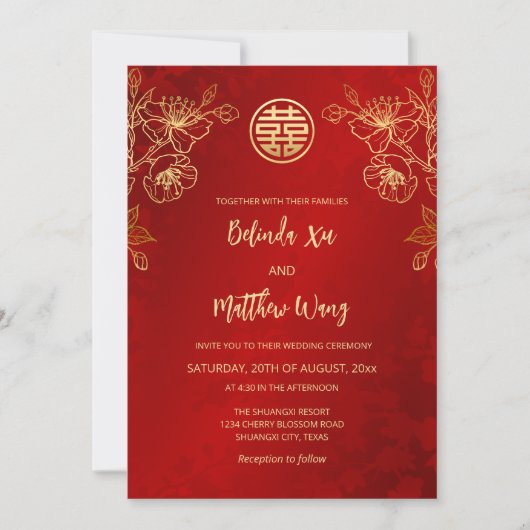 Foto Rood Goud Chinees Bruiloft Kaart (Voorkant)