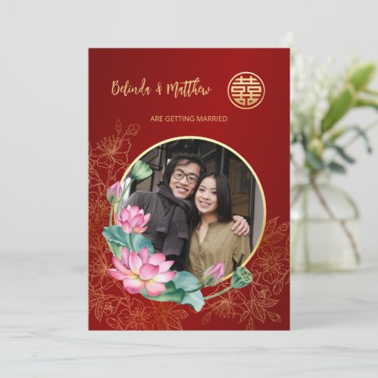Foto Rood Goud Chinees Bruiloft Kaart (Staand voorkant)