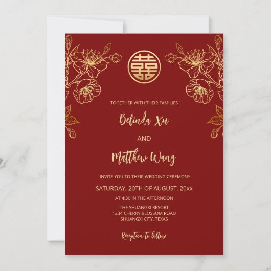 Foto Rood Goud Chinees Bruiloft Kaart (Achterkant)