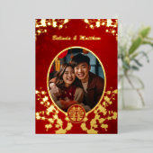 Foto Rood Goud Oriëntaalse Bloem | Chinese Huwelij Folie Uitnodiging (Staand Voorkant)
