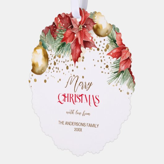 Foto rood goud poinsettia Kerst uniek Ornament Kaart (Links)