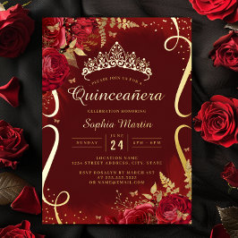 Foto Rood Gouden Bloem Schorpioen Quinceanera  Folie Uitnodiging