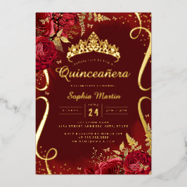 Foto Rood Gouden Bloem Schorpioen Quinceanera  Folie Uitnodiging