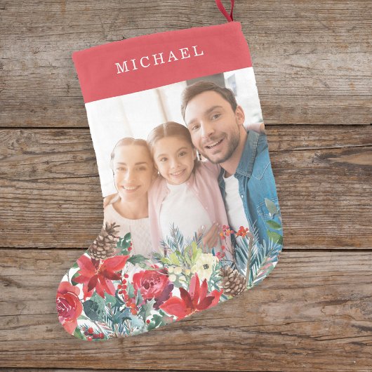 Foto rood schattig familie rustiek monogrammed kleine kerstsok