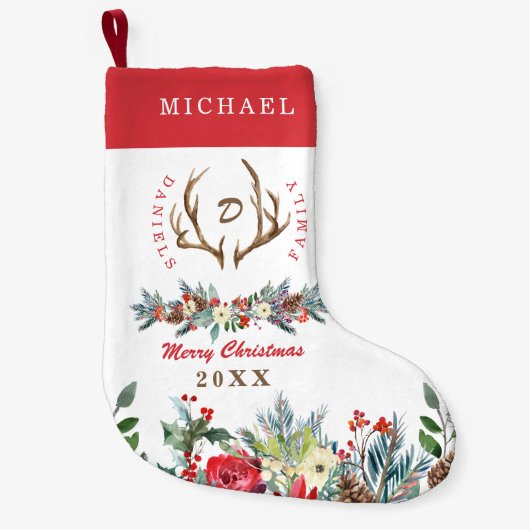 Foto rood schattig familie rustiek monogrammed kleine kerstsok (Voorkant)