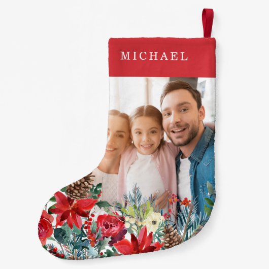 Foto rood schattig familie rustiek monogrammed kleine kerstsok (Achterkant)