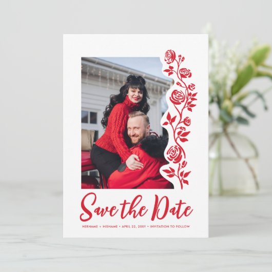 Foto Rood Wit Hand Getrokken Rozen QR Code Website Save The Date (Staand voorkant)