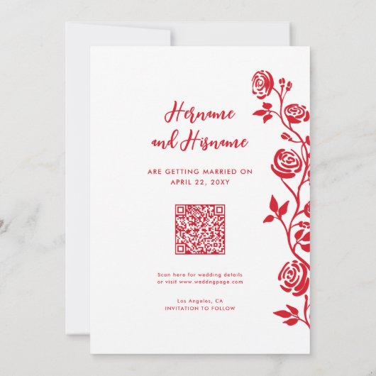 Foto Rood Wit Hand Getrokken Rozen QR Code Website Save The Date (Achterkant)