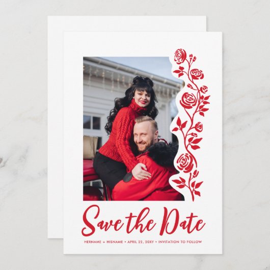 Foto Rood Wit Hand Getrokken Rozen QR Code Website Save The Date (Voorkant / Achterkant)