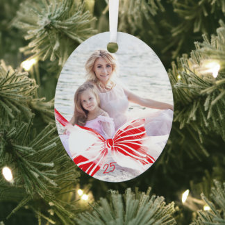 Foto Rood Wit Plaid Bow Keepsake Datum Kerstmis Metalen Ornament