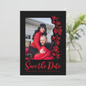 Foto Rood Zwart Hand Getrokken Rozen QR Code Websi Save The Date (Staand voorkant)