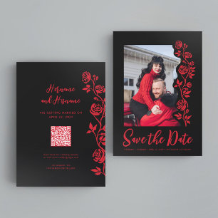 Foto Rood Zwart Hand Getrokken Rozen QR Code Websi Save The Date