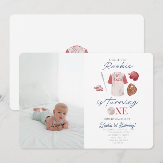 Foto Rookie Baseball Uniform Boys 1st Birthday Kaart (Voorkant / Achterkant)