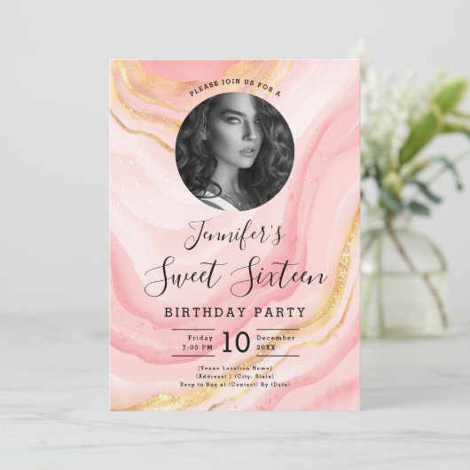 FOTO Roos Gold Blush Pink Marble Sweet 16 Party Kaart (Staand voorkant)
